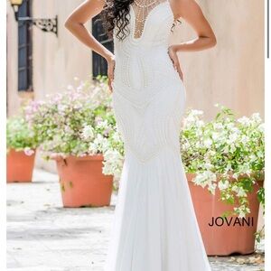Jovani Pearl-Embellished White Gown